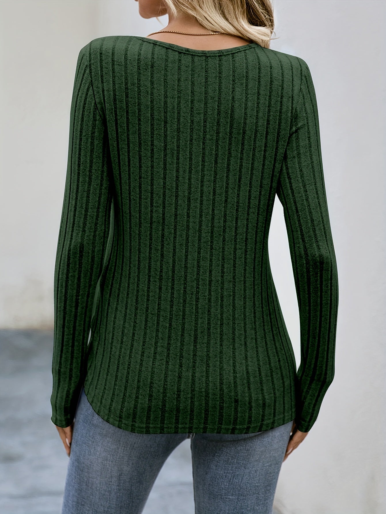 Ribbed Button Decor Crew Neck T-Shirt, Casual Long Sleeve Top
