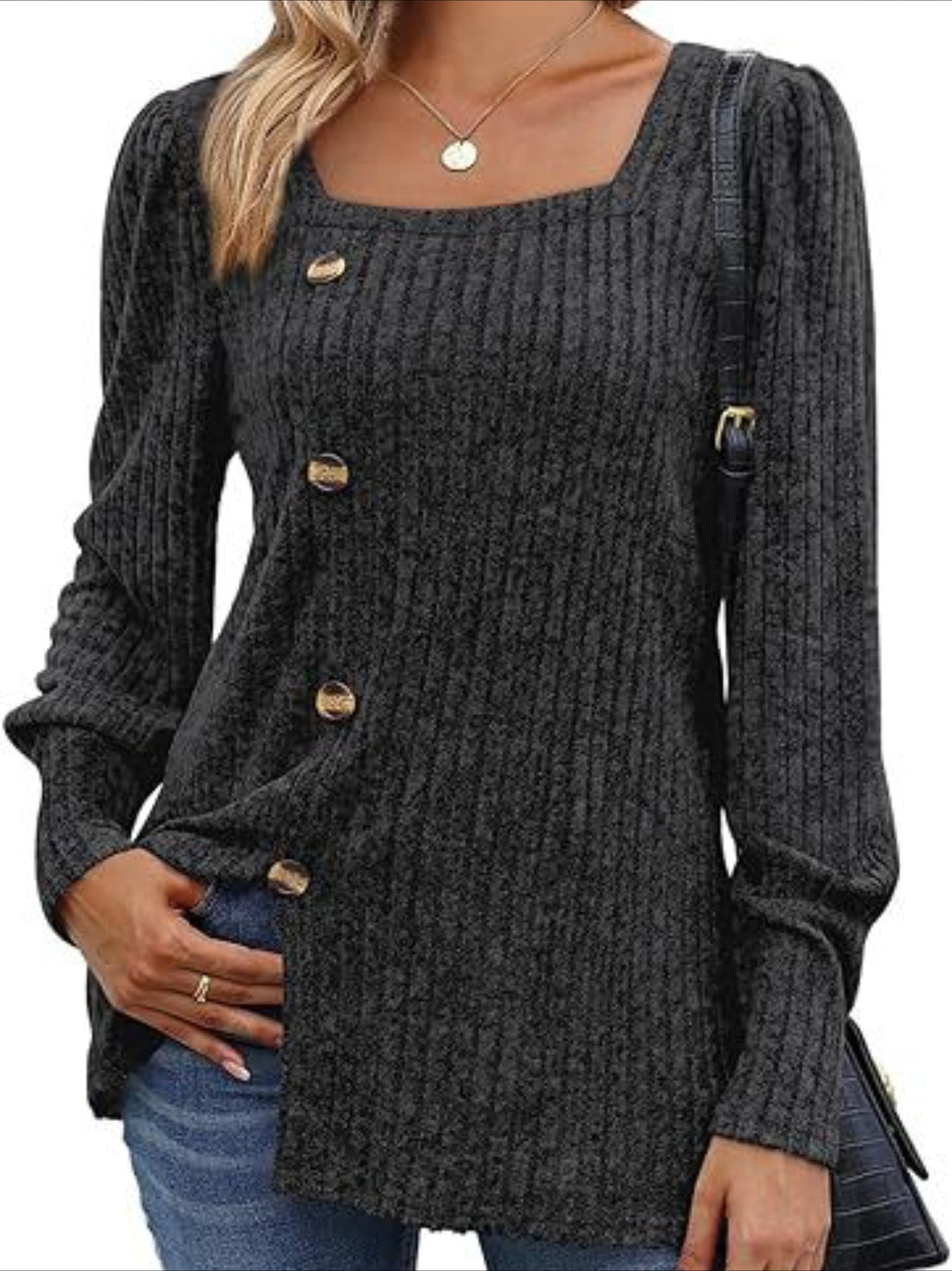 Chic Square Neck Rib Knit Sweater - Casual Comfort with Stylish Button Detail, Long Sleeve Split Design