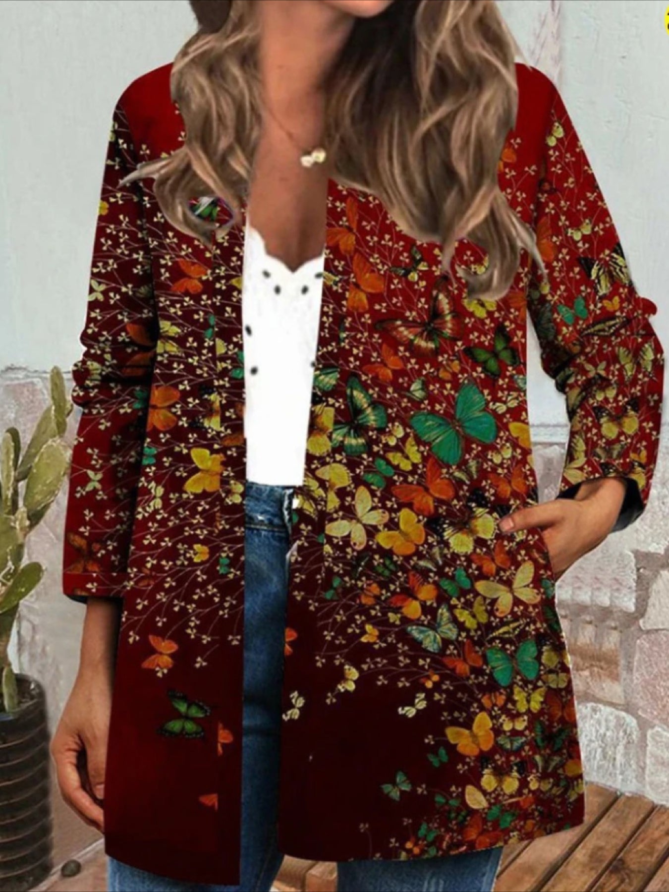 Floral Pattern Top, Elegant Open Front Long Sleeve Top
