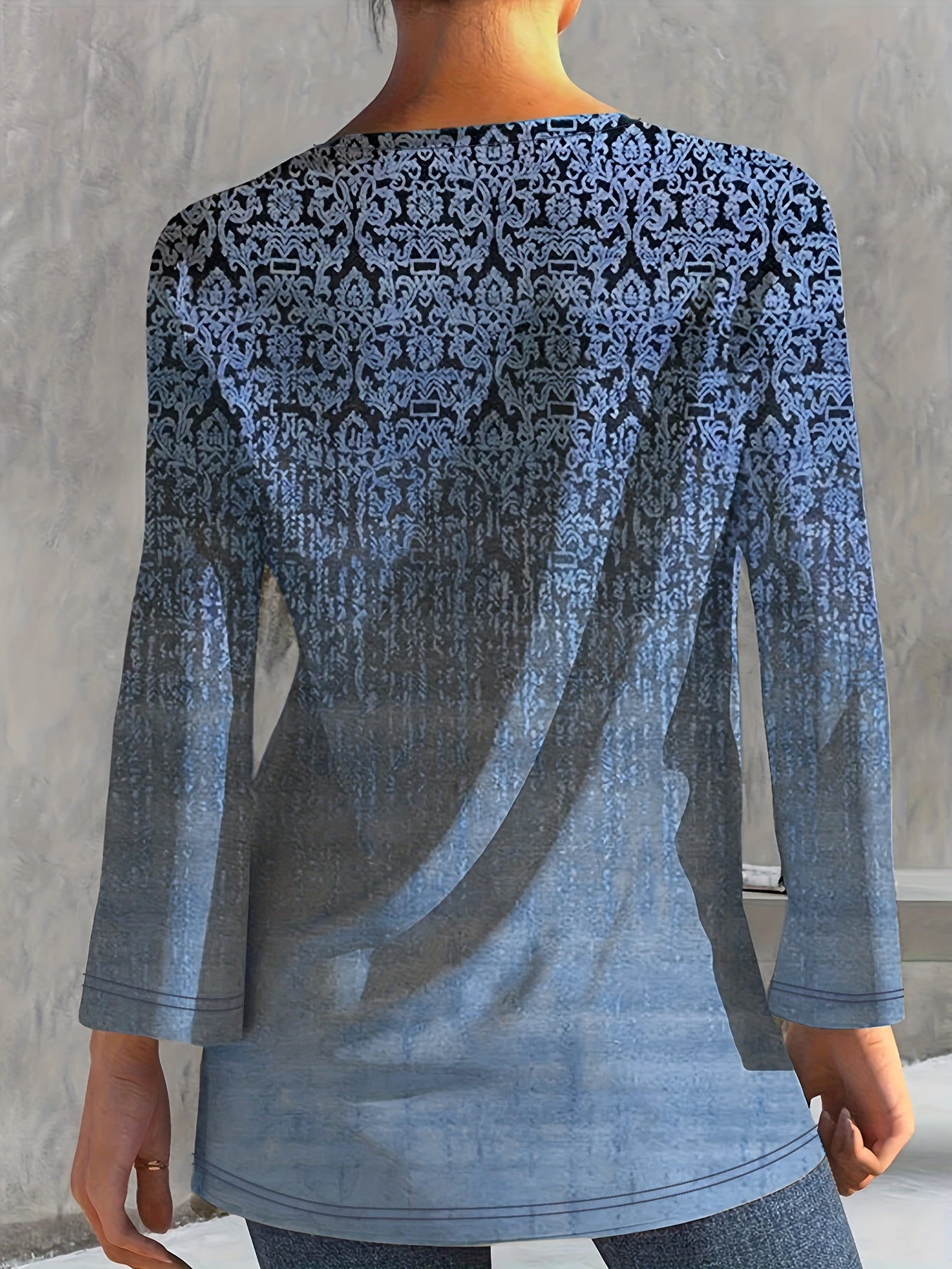 All Over Print Tie Front T-Shirt, Casual Long Sleeve Top