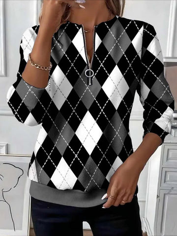 Diamond Atterned Black and White Checkered Design Long Sleeve Center Front Zip Sweatshirt