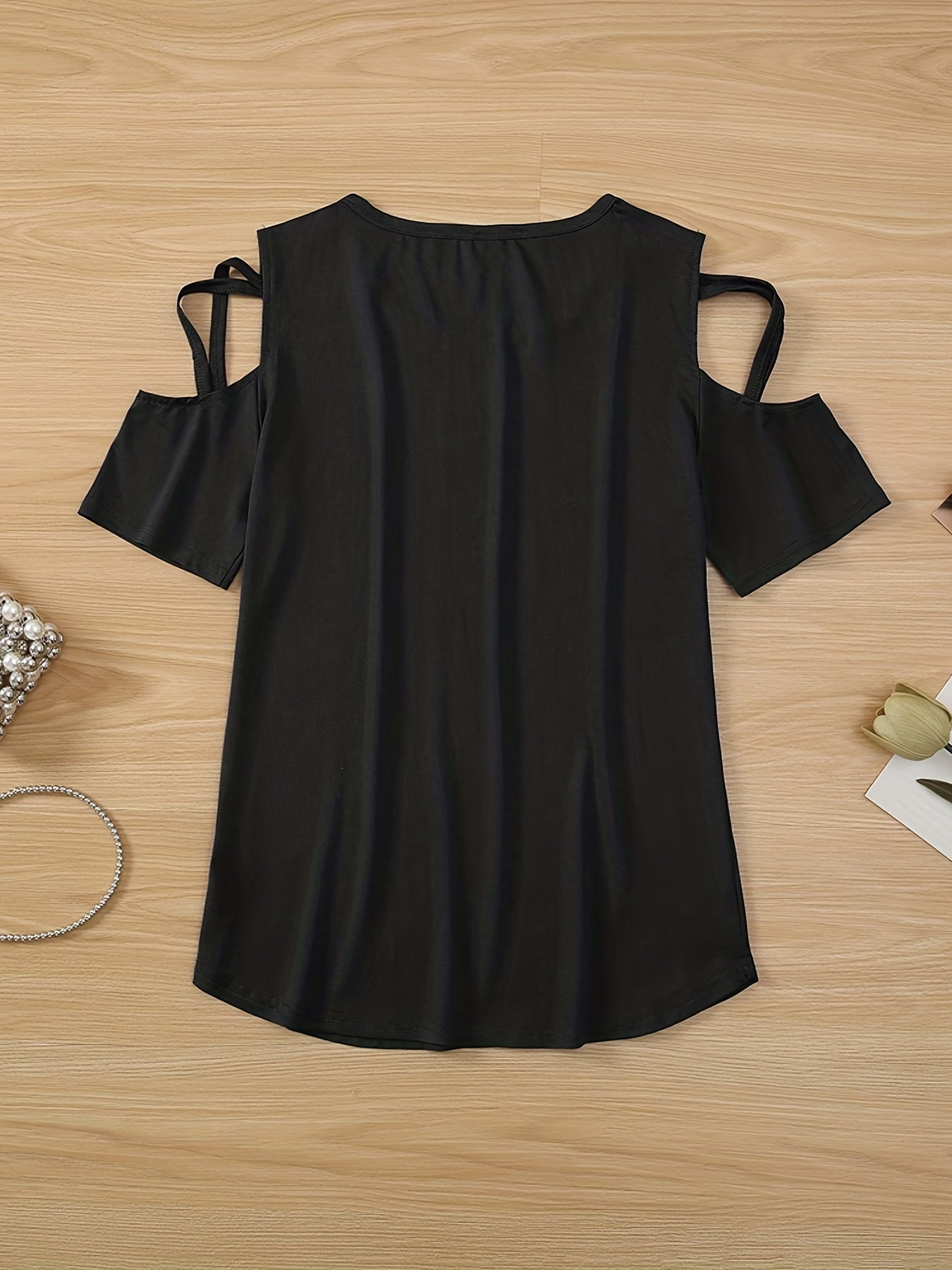 Solid Cold Shoulder T-shirt, Casual Crew Neck Short Sleeve T-shirt