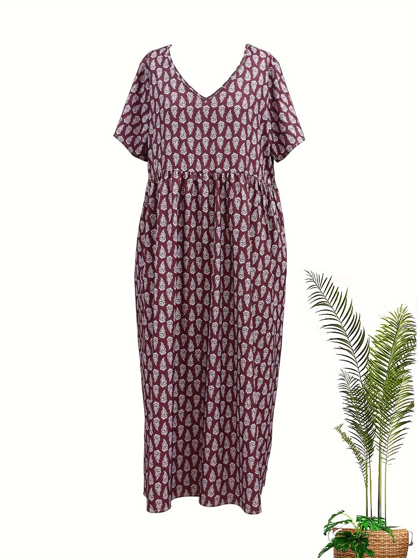 All Over Print Dress, Casual V Neck Short Sleeve Dress
