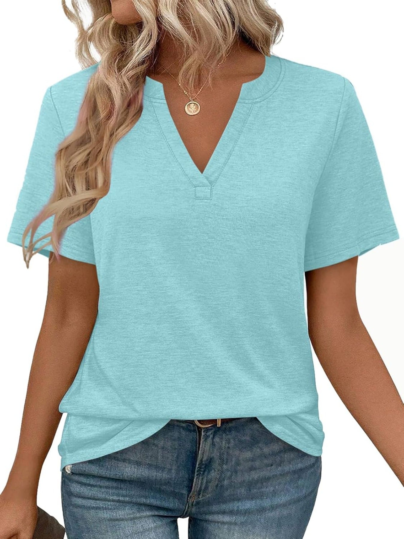 Solid Color Short Sleeve V Neck T Shirt