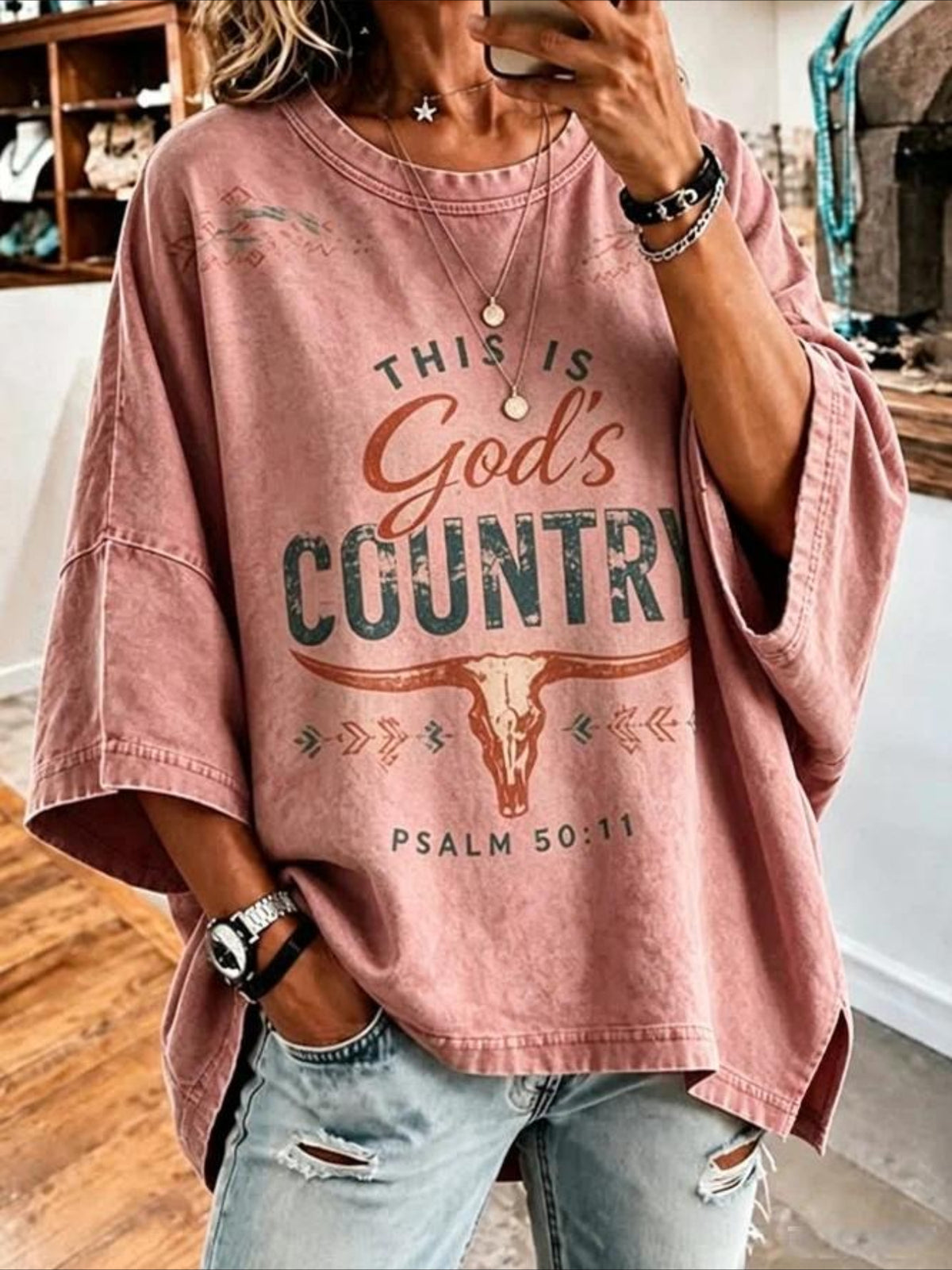Text Letters Seven-quarter Sleeves Casual T-shirt