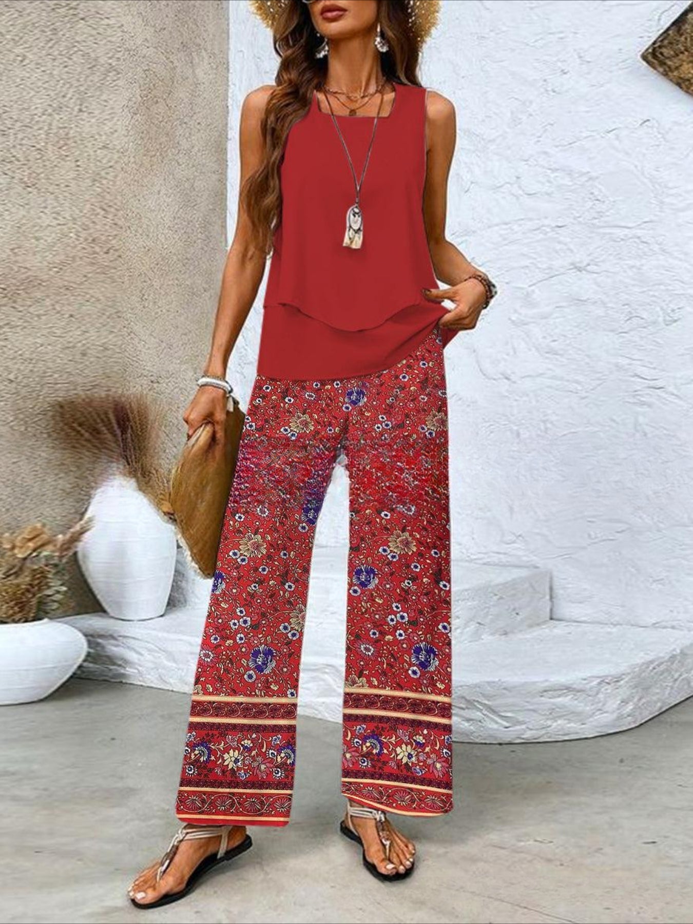 Crew Neck Sleeveless Layered Tank Top & Wide Leg Pants