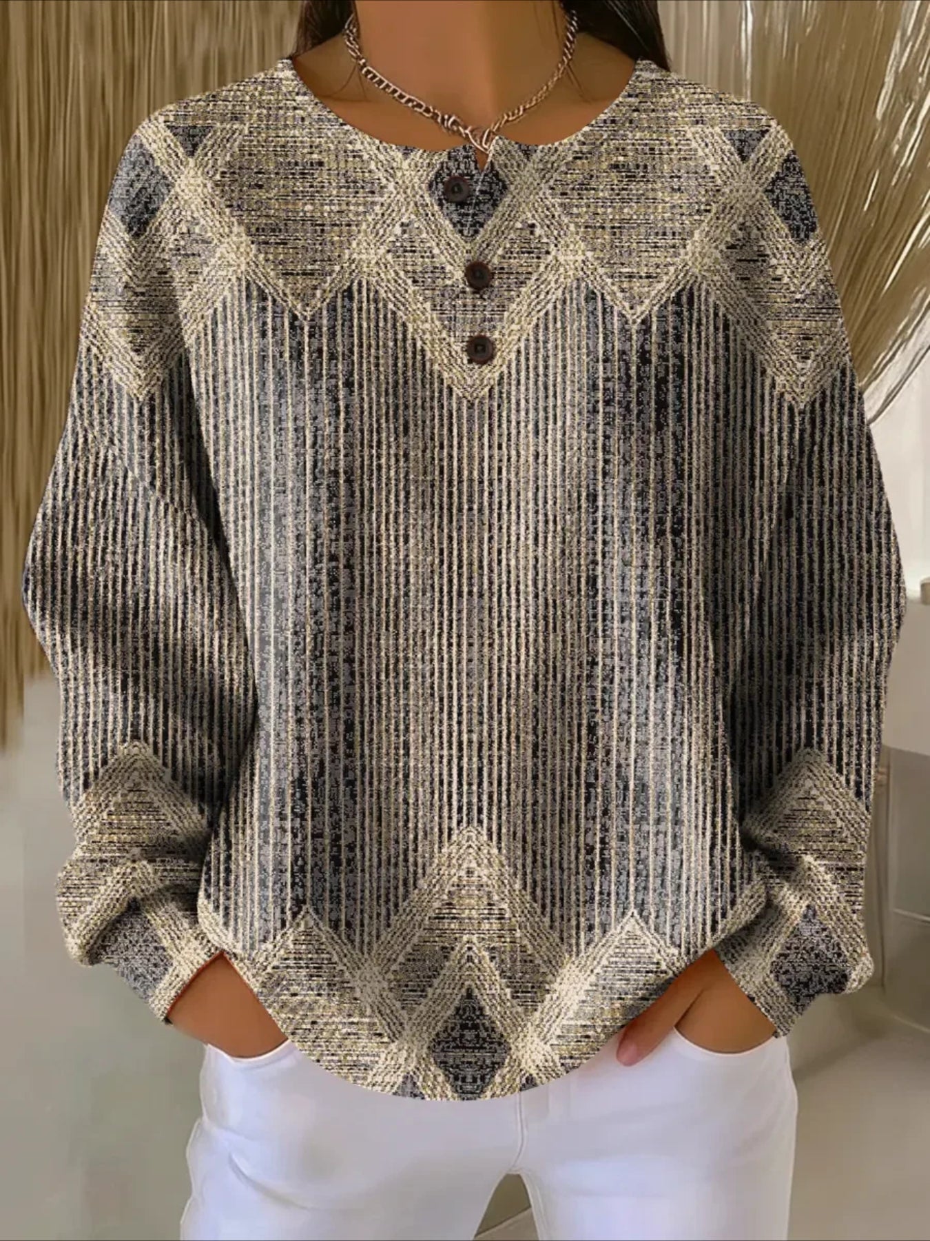 Colorful Ribbed V Neck Braided Print Long Sleeve Regular Sweatshirt