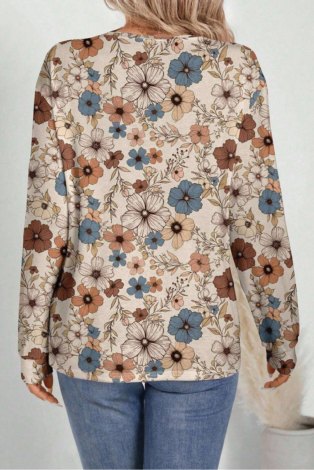 Khaki Floral Print Loose Crew Neck Long Sleeve T Shirt