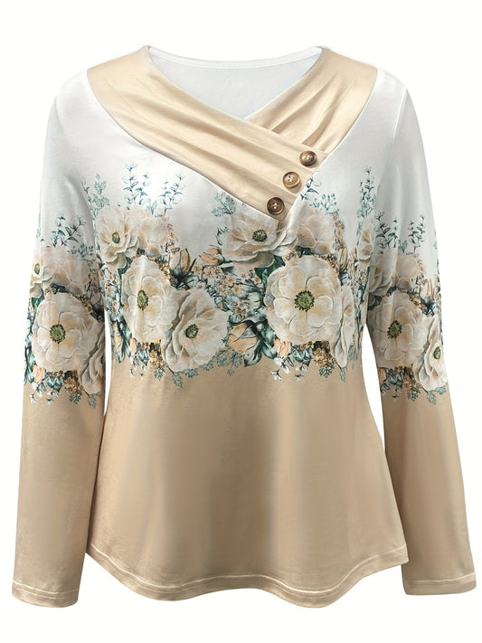 Floral Print Surplice Neck Button T-Shirt, Casual Long Sleeve T-Shirt