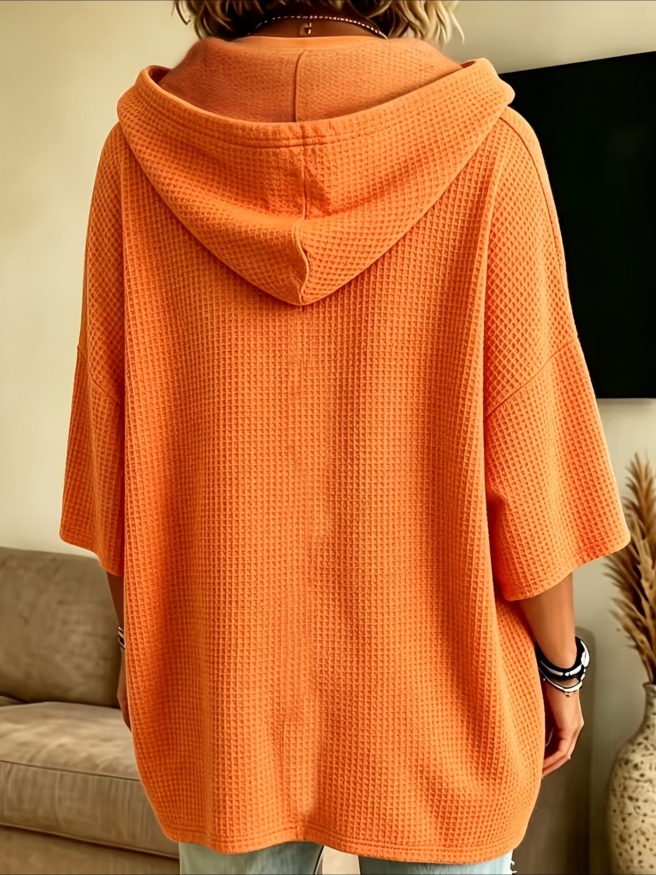 Elegant Casual Solid Color Loose Fit Hooded Fashion Waffle Sweatshirt
