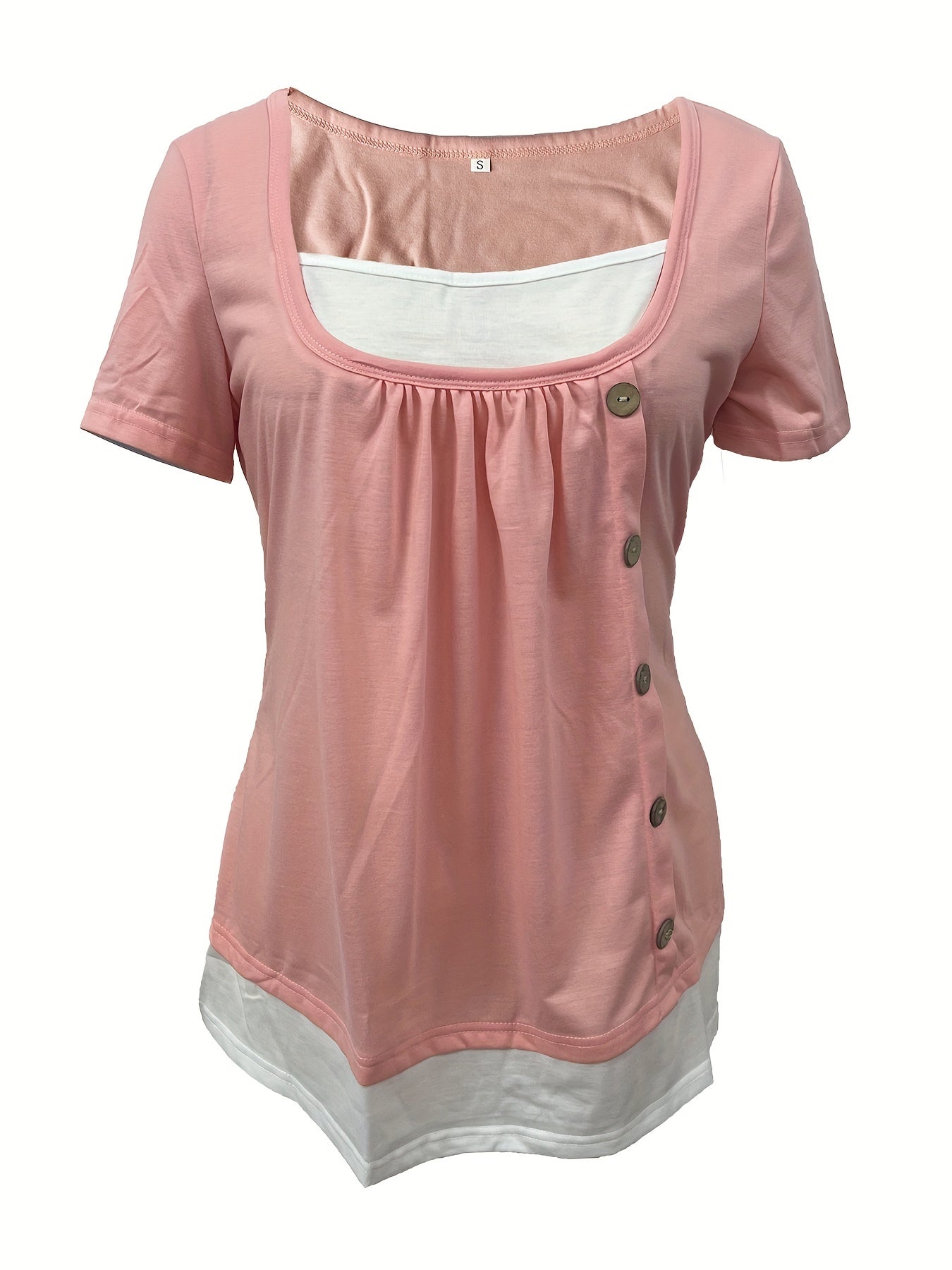 2 In 1 Color Block Button Front T-shirt, Casual Short Sleeve T-Shirt