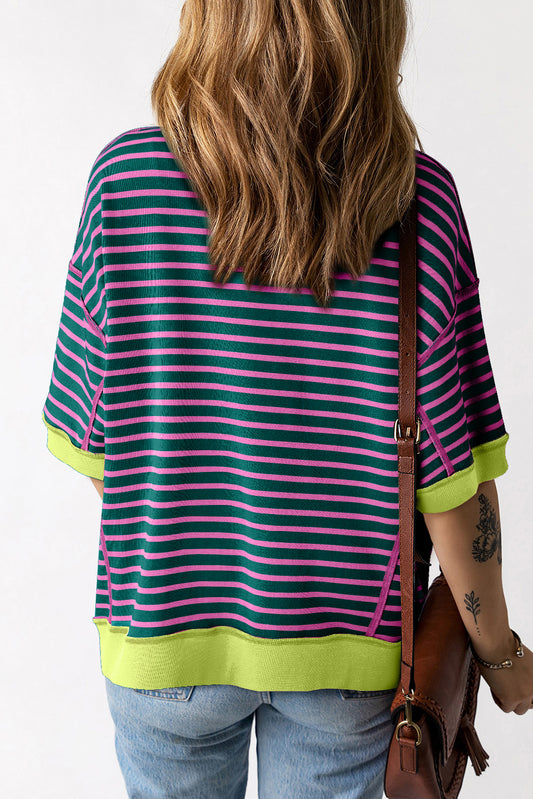 Green Stripe Oversized Contrast Trim Exposed Seam High Low T Shirt