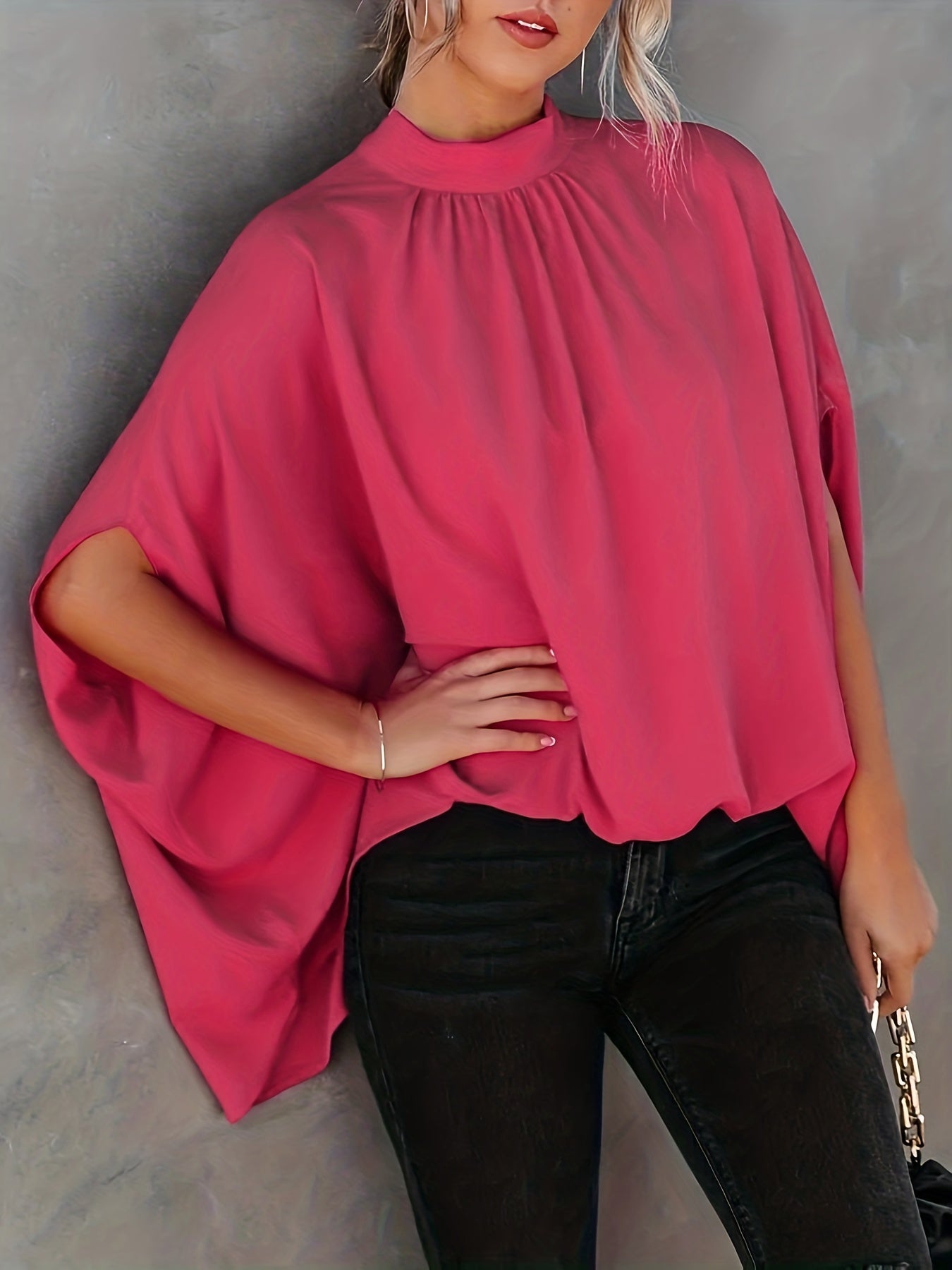 Asymmetrical High Neck Batwing Sleeve Shirt, Letter Print Elegant Summer Stretchy Shirt