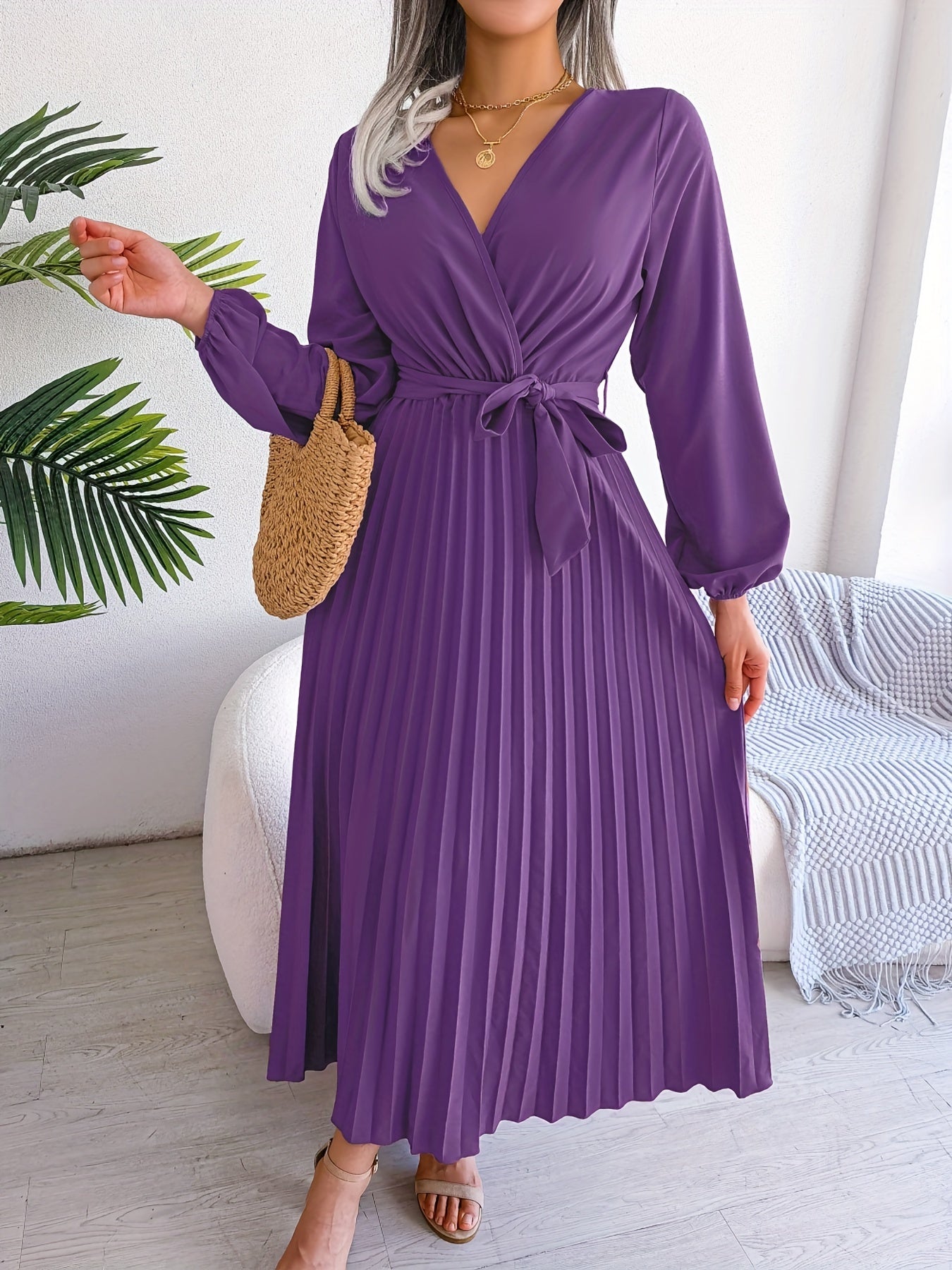 Pleated Surplice Neck Dress, Elegant Long Sleeve Solid Dress, Women's Clothing