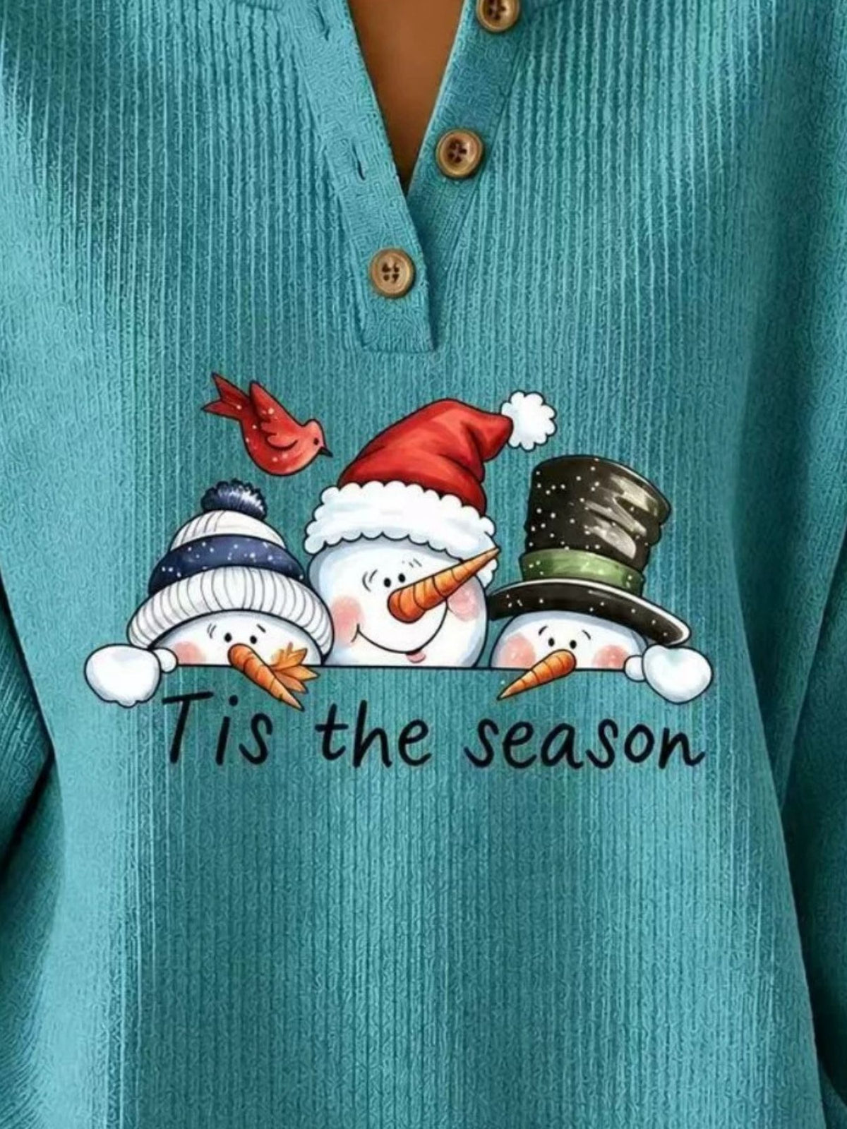 Christmas Themed Snowman Graphic Ribbed Henley Sweatshirt