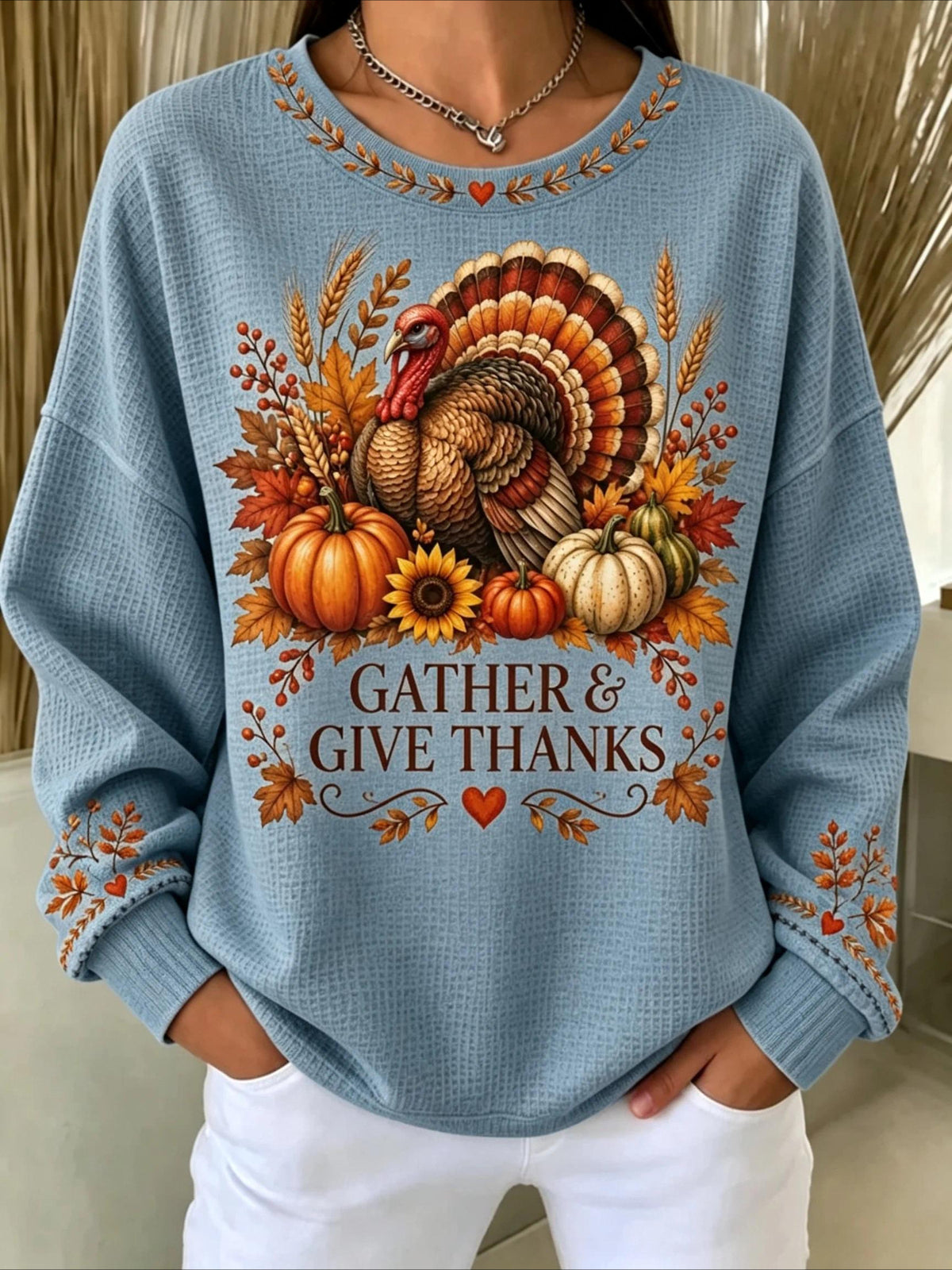 Halloween Printed Crew Neck Waffle Pattern Long Sleeve Sweater Hoodie