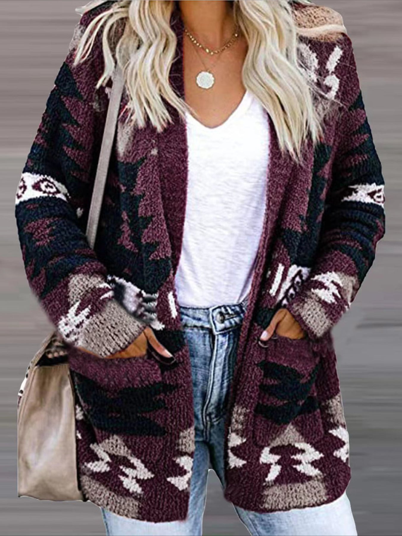 Stylish Women's Long Sleeve Ethnic Pattern Open Front Pocket Cardigan for Casual Wear