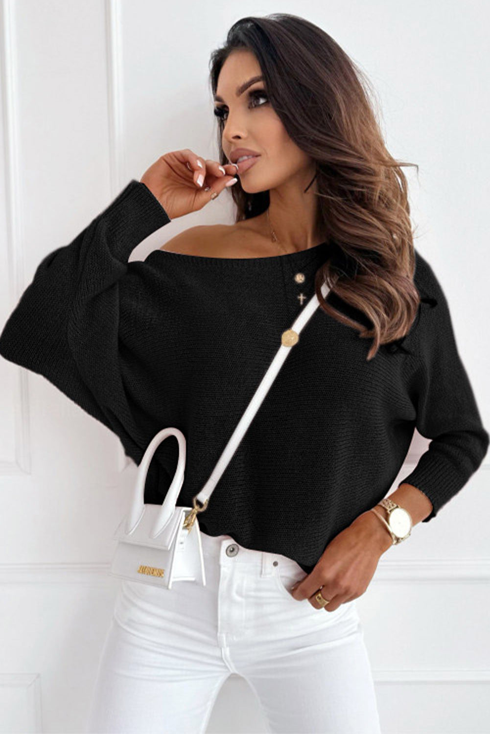 Black Ribbon Bow Knot Dolman Sleeve Sweater