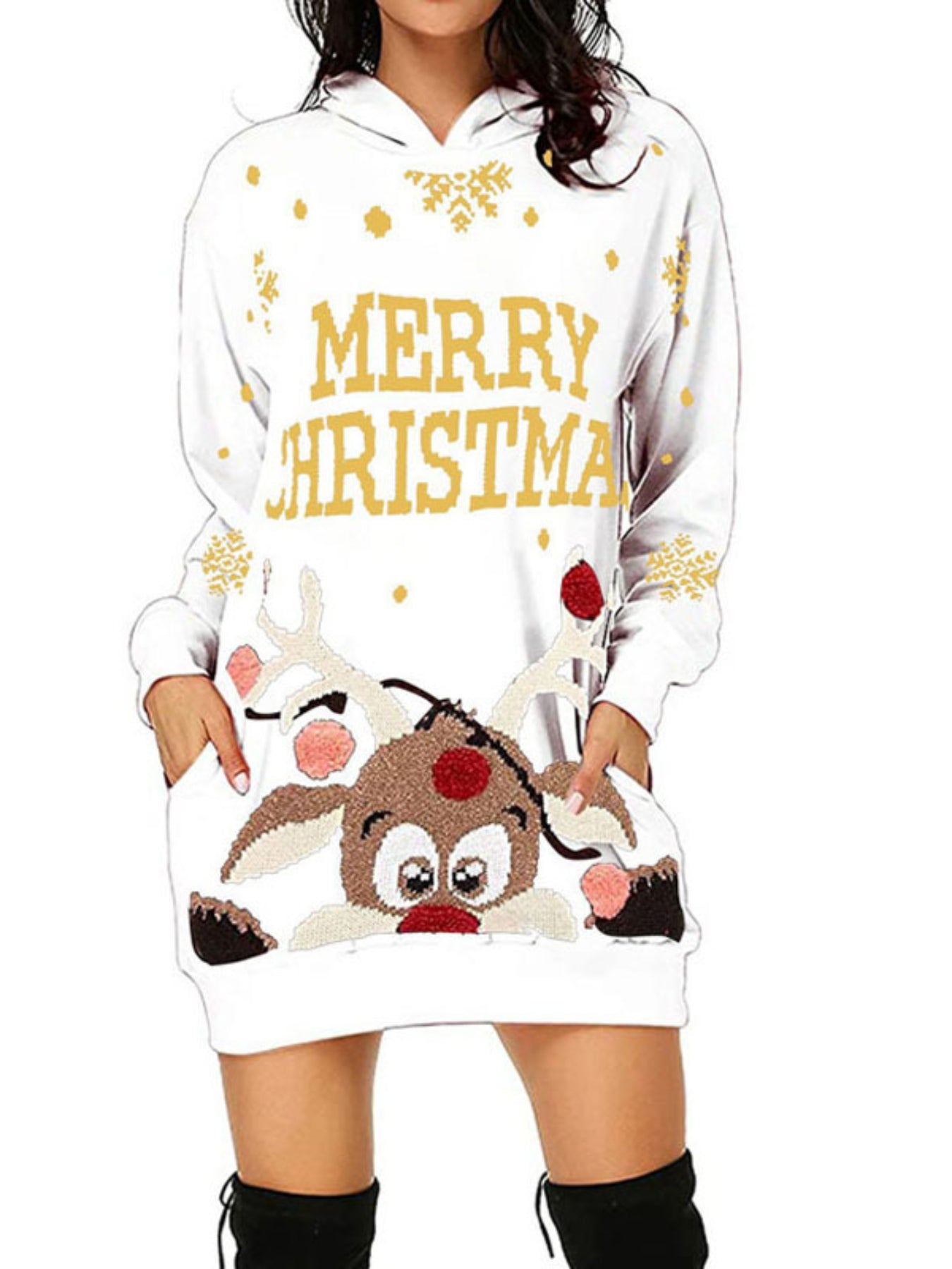 Christmas Print Casual Hoodie Dress Long Sleeve Hooded Dress