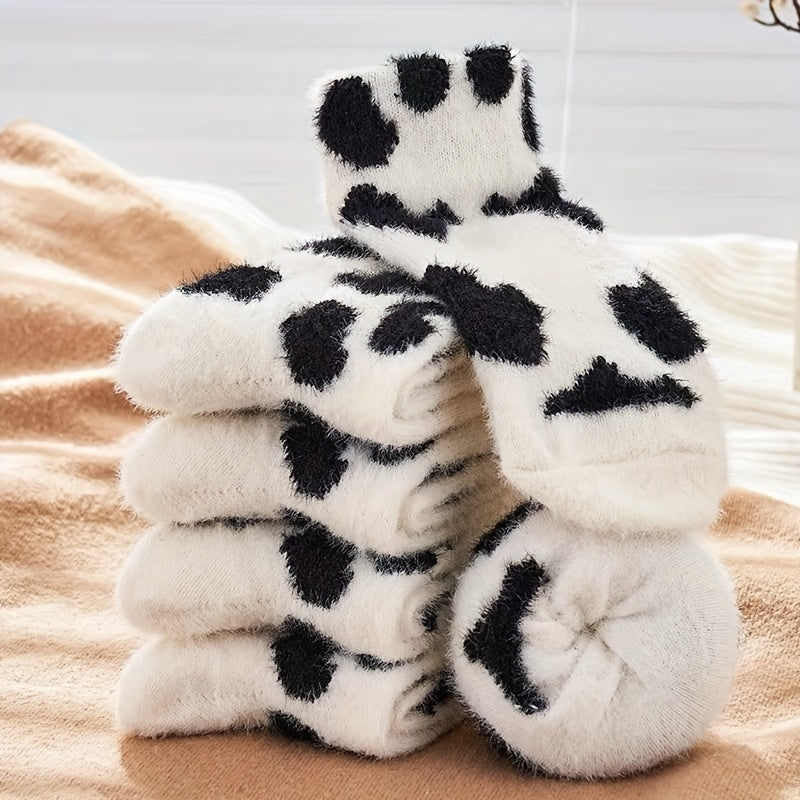 Cute Cow Spots Print Socks, Thickened & Warm Coral Fleece Socks