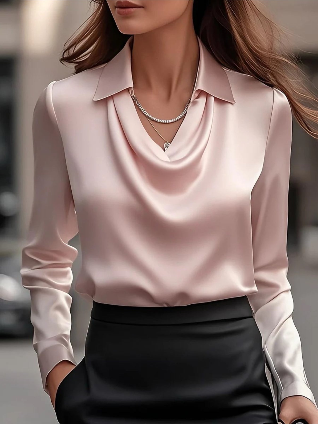 Cowl Neck Long Sleeve Plain Regular Regular Fit Shirt