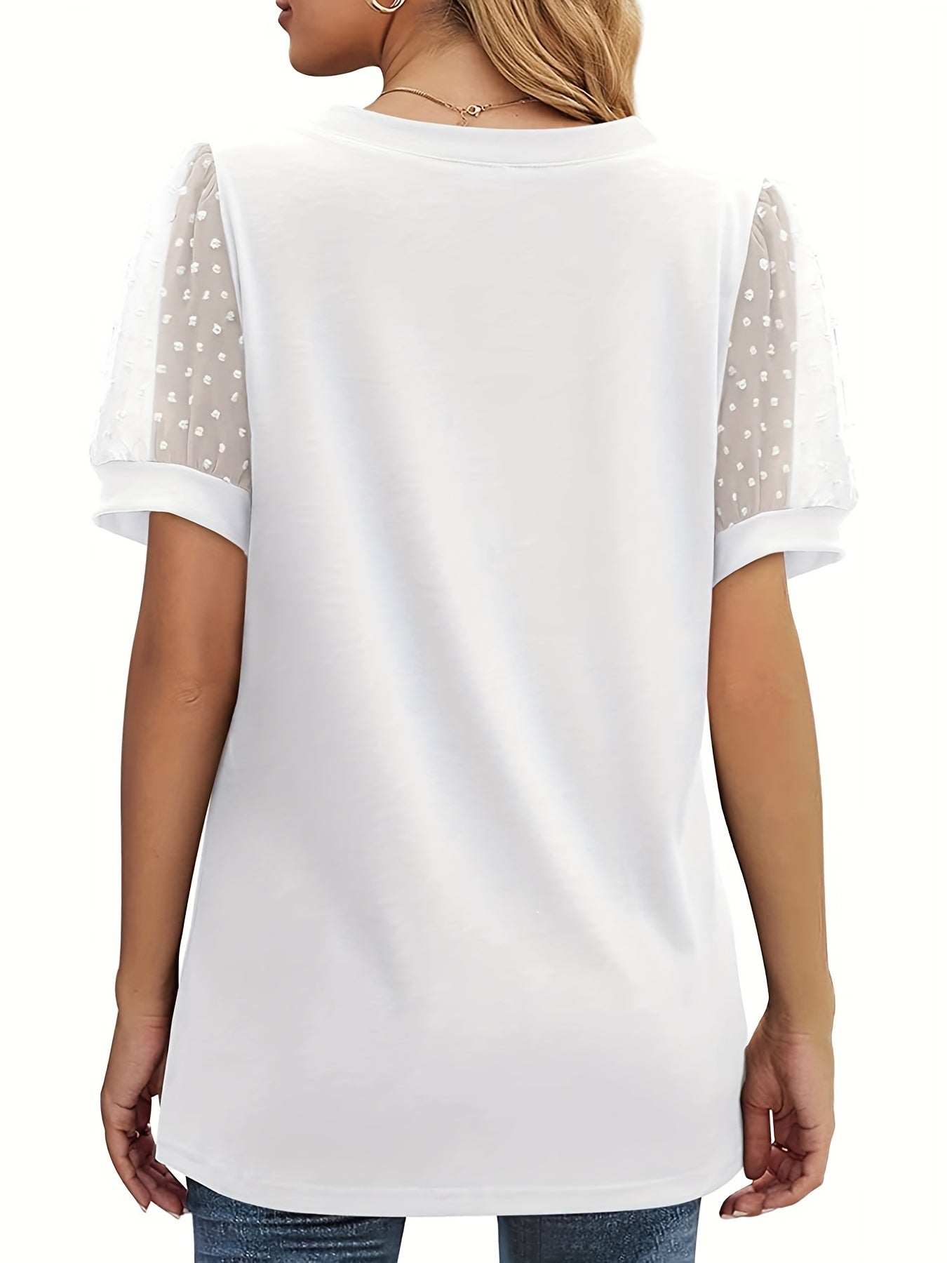 Swiss Dot Mesh V Neck T-Shirt, Casual Short Sleeve T-Shirt