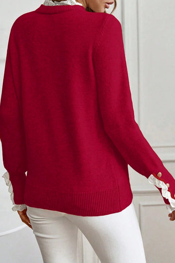Racing Red Lace Trim Patchwork Buttoned Cuffs Loose Sweater