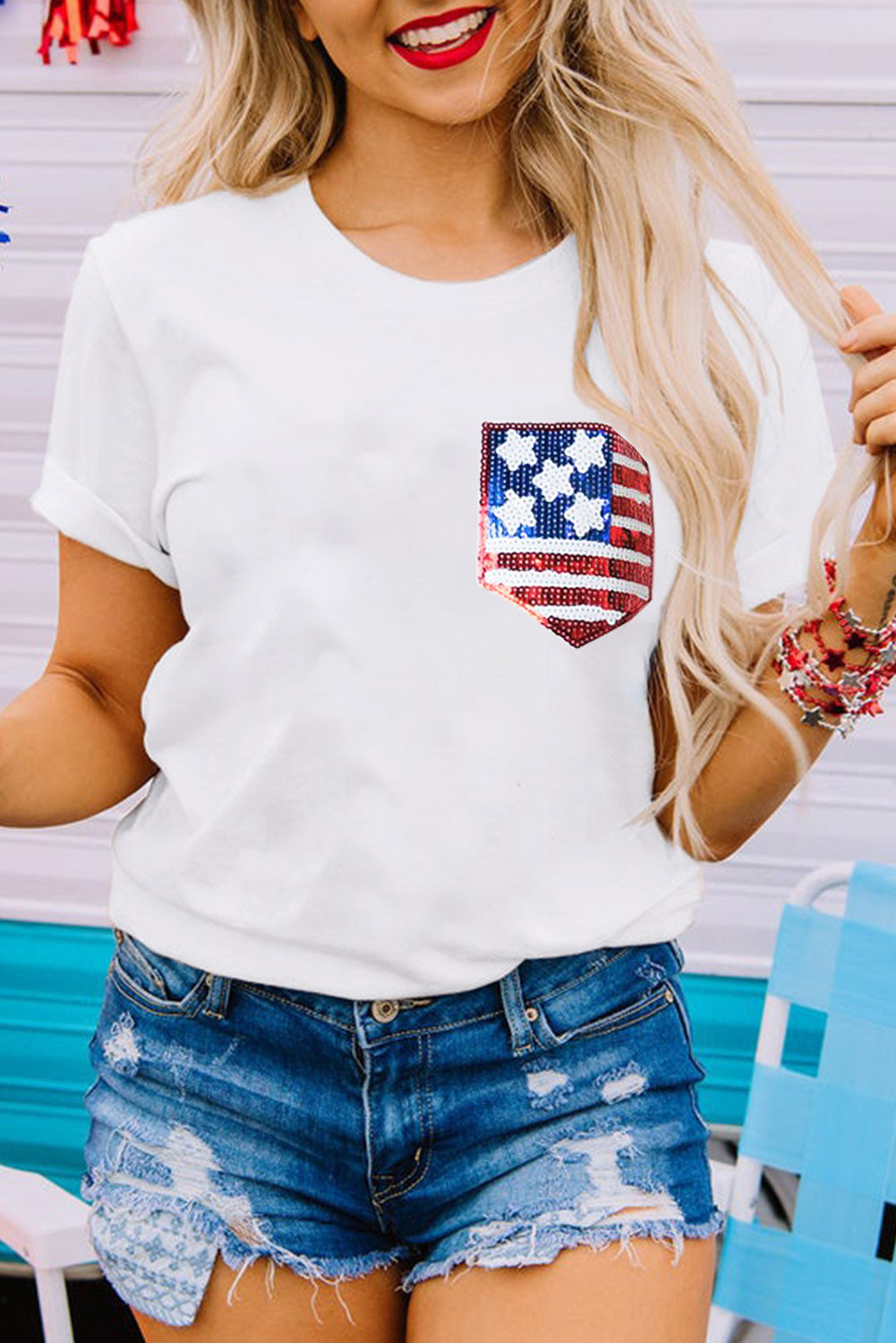 White American Flag Sequin Pocket Patched T Shirt