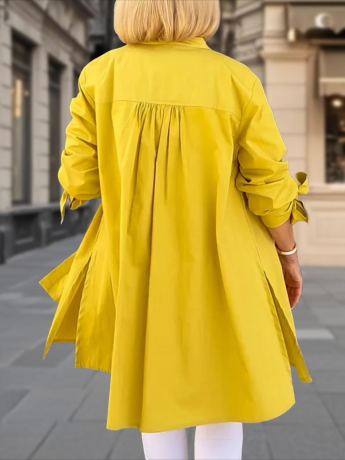 Elegant Loose-Fit Adjustable Cuffs Side Slit Breathable Fabric Round Neck Nontransparent Material Shirt