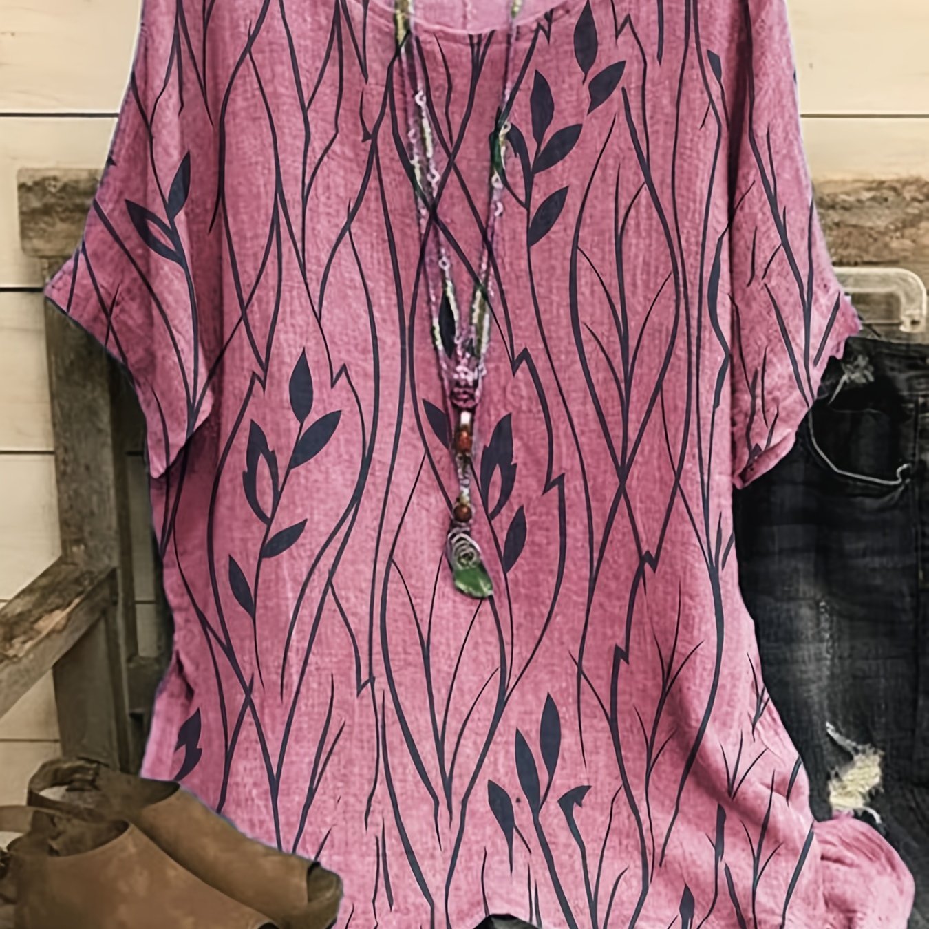 Print Crew Neck Blouses, Casual Loose Half Sleeve Fashion Shirts Tops, Women's Clothing