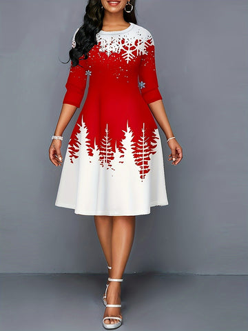Christmas Dress, Women's Snowflake & Christmas Tree Print Long Sleeve Round Neck A-line Knee Length Dress