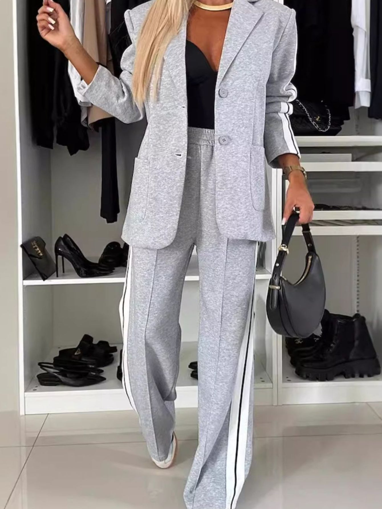 Full Size Contrast Lapel Collar Top and Pants Set