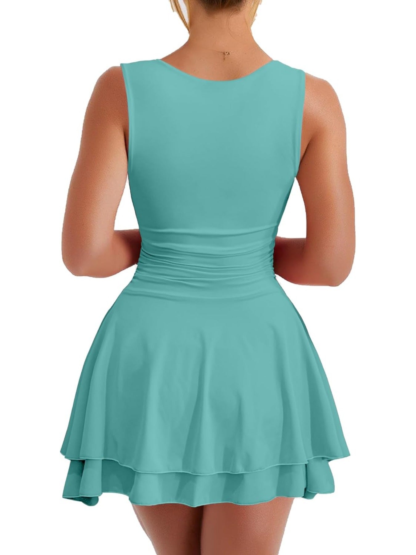 Solid Color Square Neck Ruffle Hem Ruched Waist Mini Dress