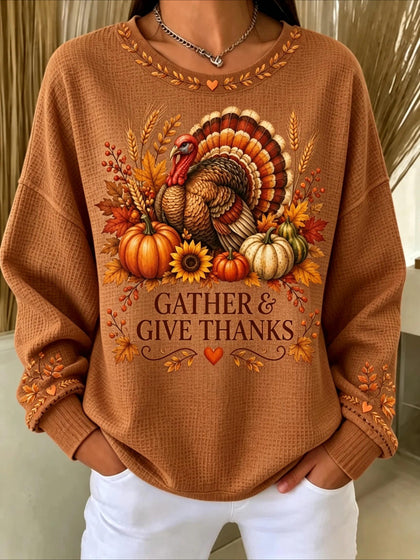Halloween Printed Crew Neck Waffle Pattern Long Sleeve Sweater Hoodie
