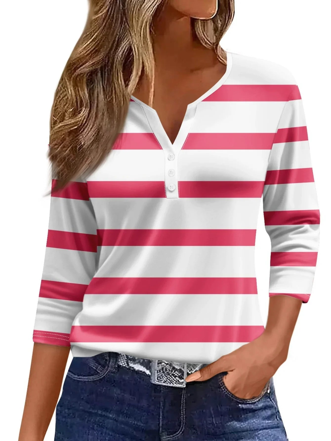 Women's V-Neck Striped T-Shirt - Soft Knit Polyester, Three Quarter Sleeve