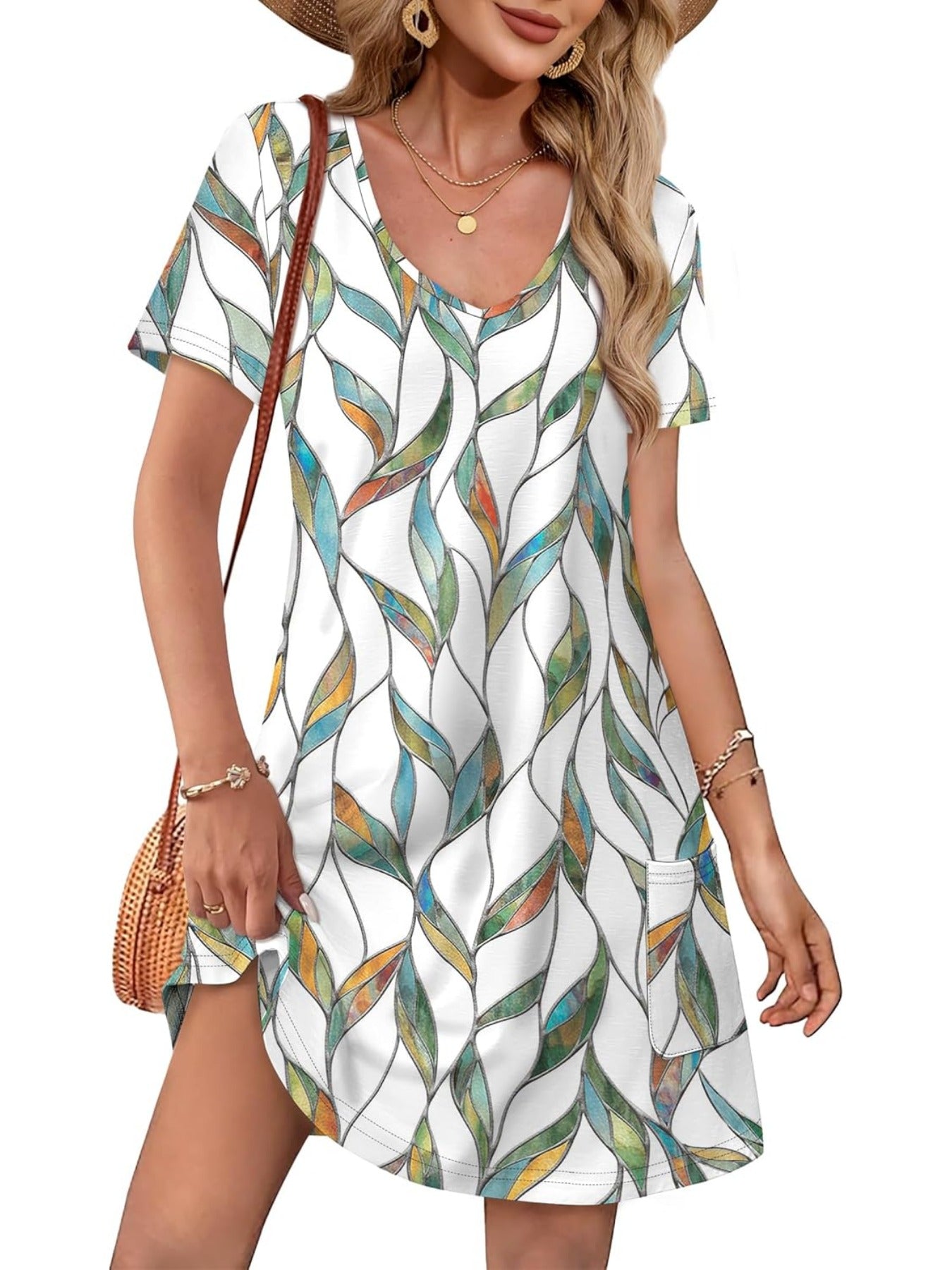 Loose V Neck Short Sleeve Casual T Shirt Dress