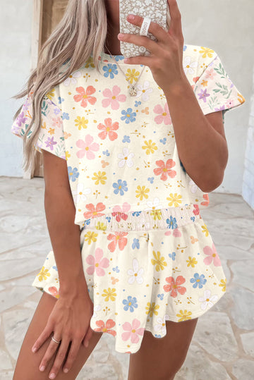 Apricot Floral Print Crop Top Wide Leg Short Set