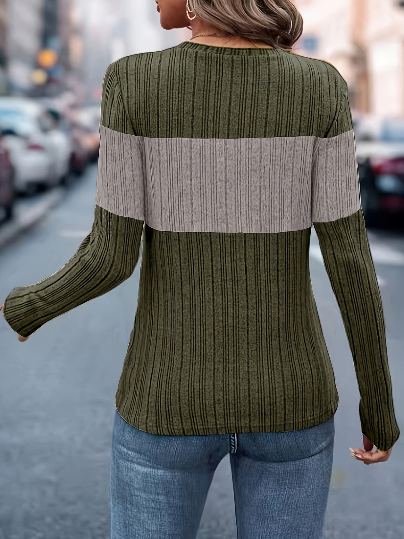 Ribbed Color Block V Neck T-Shirt, Elegant Long Sleeve T-Shirt