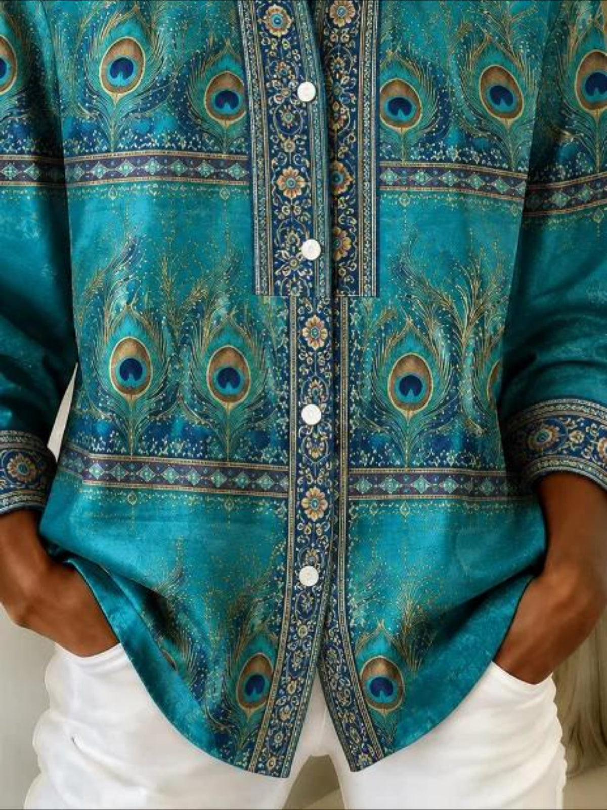 Peacock Feather Print V Neck Long Sleeve Plain Regular Micro-Elasticity Regular Fit Shirt