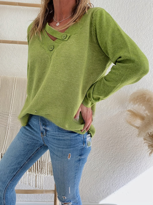 Solid Versatile Knit Sweater, Casual V Neck Long Sleeve Sweater With Buttons