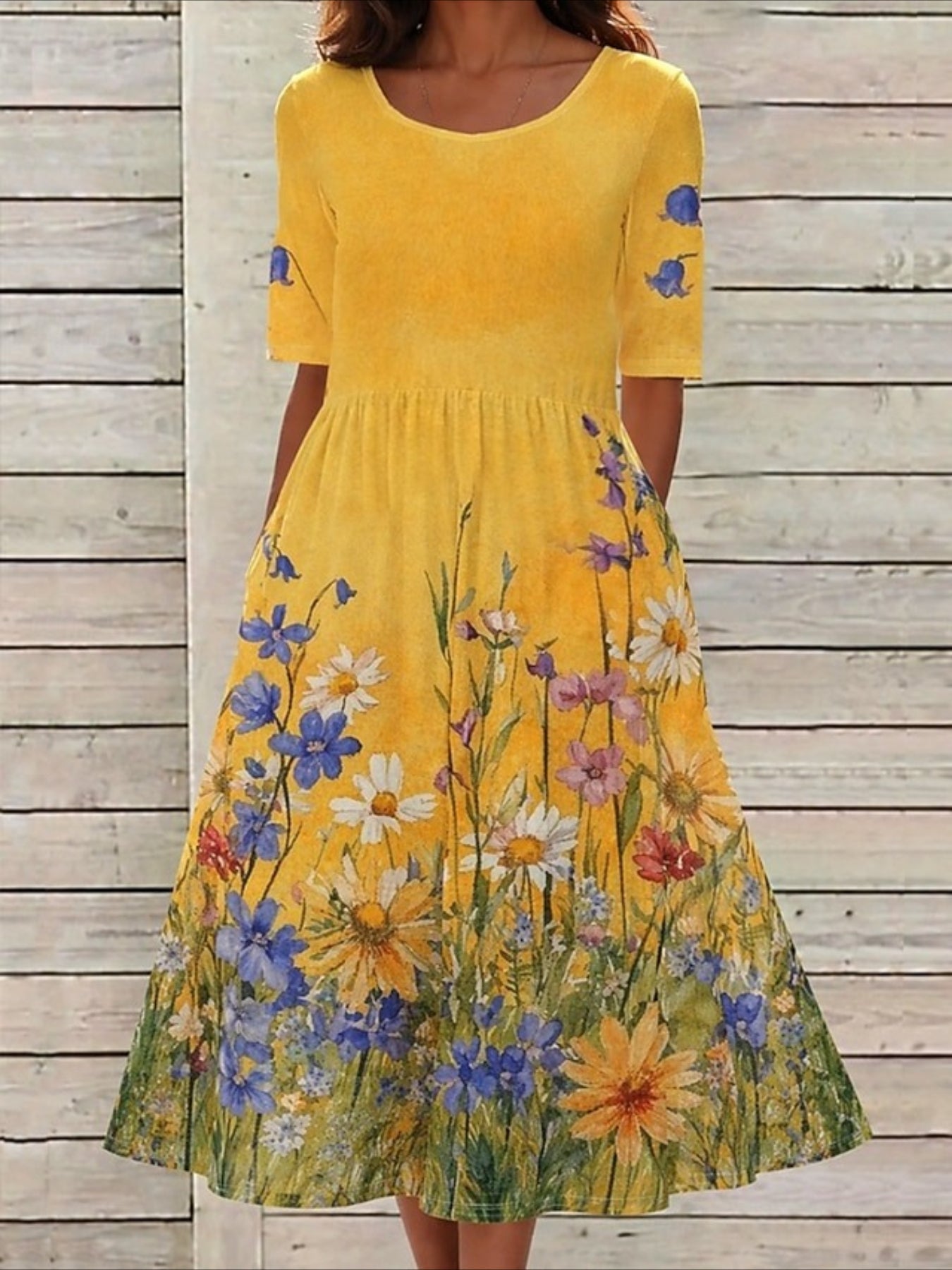 Floral Printed Crew Neck Short Sleeve Maxi Dress