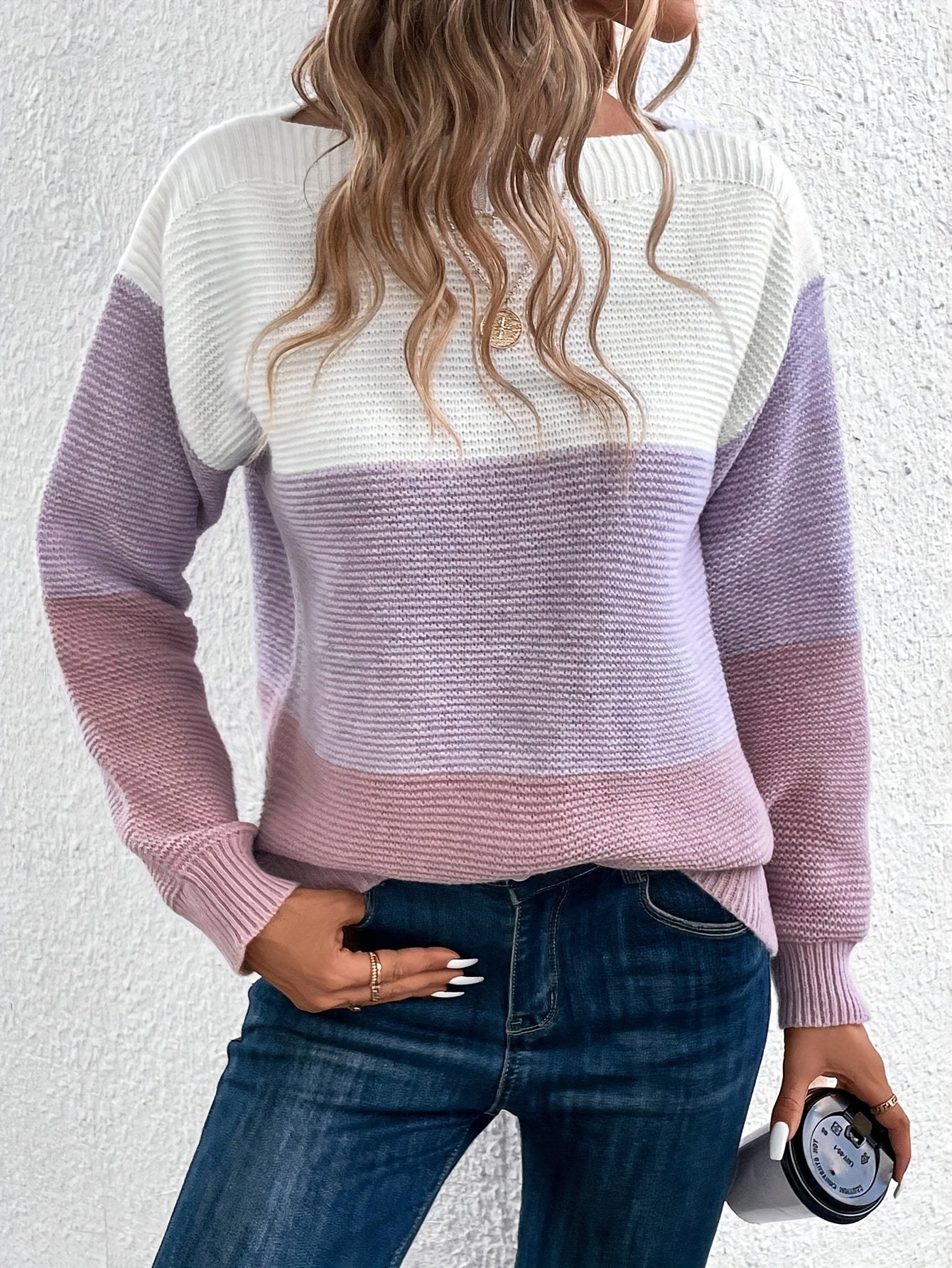 Long Sleeve Pullover Color Block Boat Neck Sweater