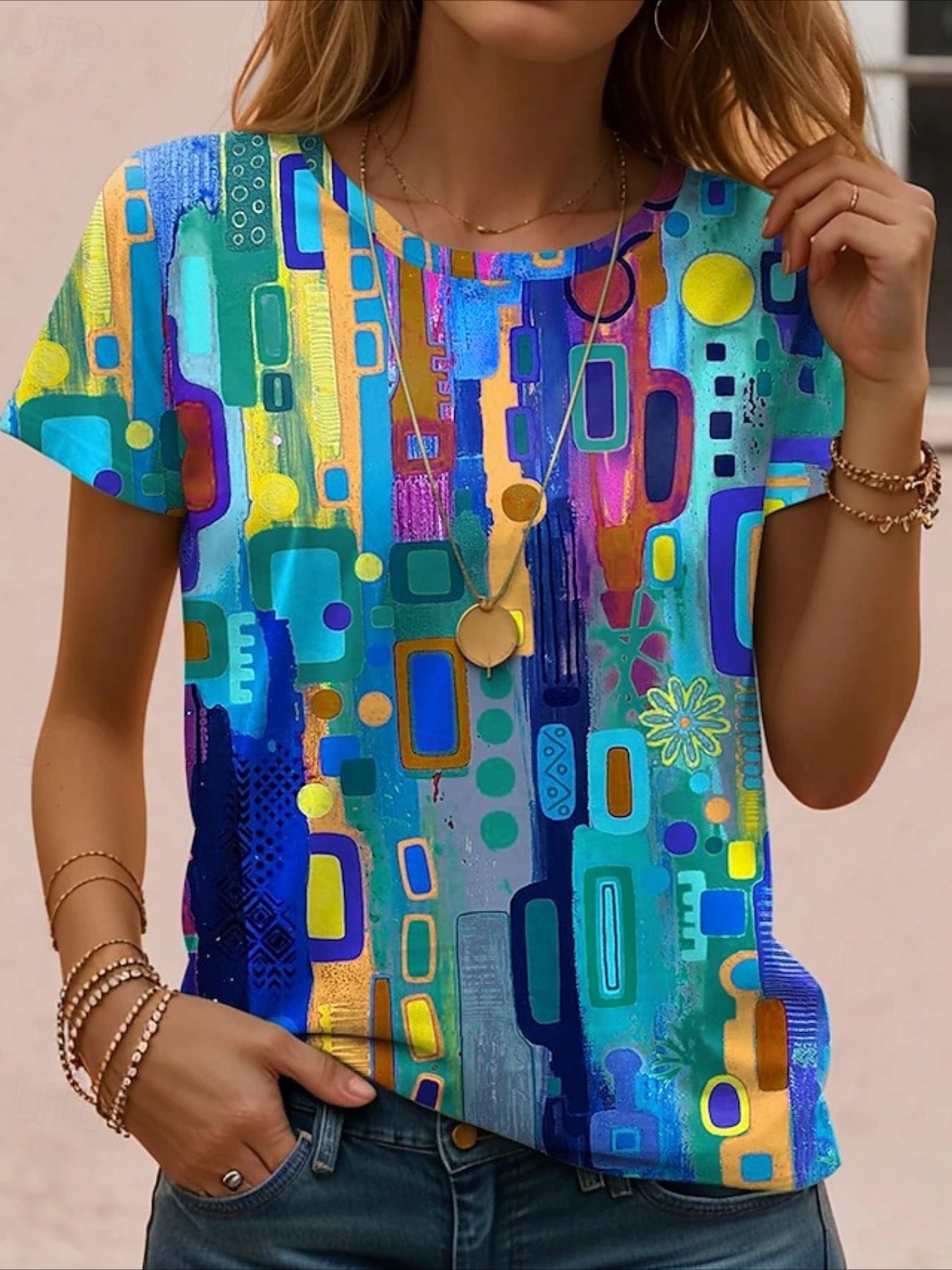 Print Graphic Geometric Striped Vintage Stylish Classic Short Sleeve Crew Neck Regular Tops