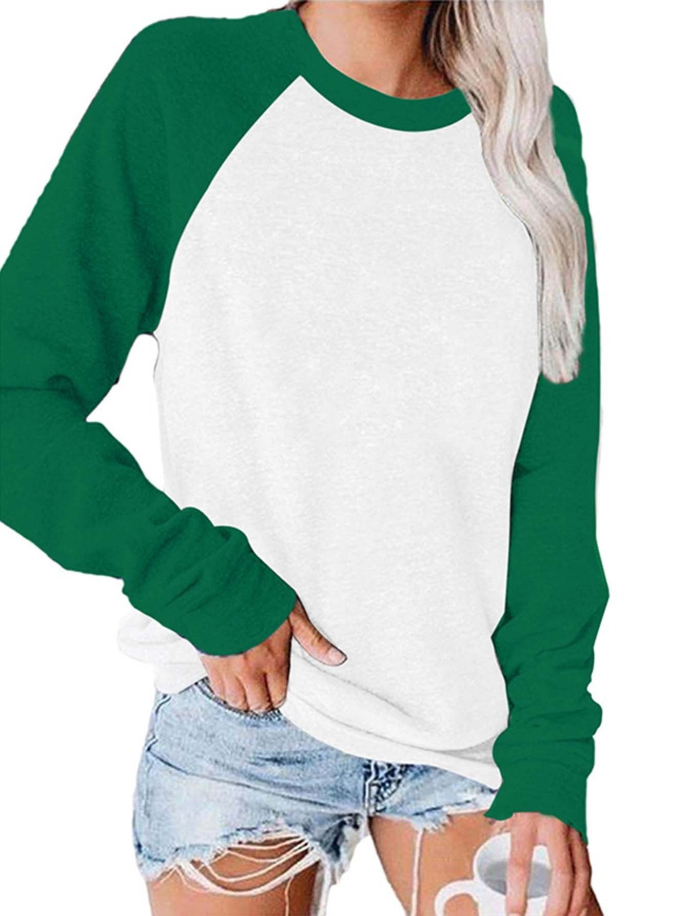 Color Block Long Sleeve Shirt, Oversized Crew Neck Top