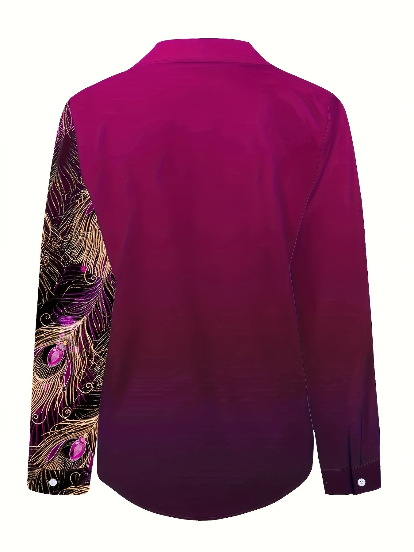 Peacock Feather Print Shirt, Long Sleeve Button Up Casual Top