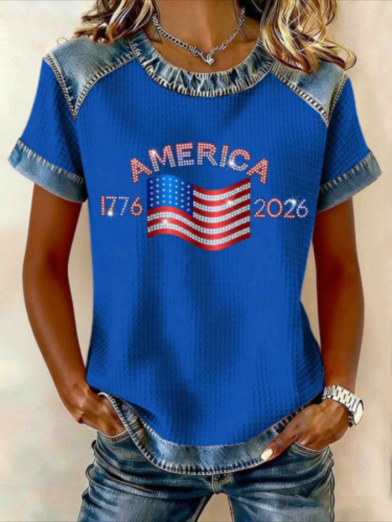 250th Anniversary Of The Founding Of the United States Short Sleeve Text Letters Printing Jersey Crew Neck T-shirt