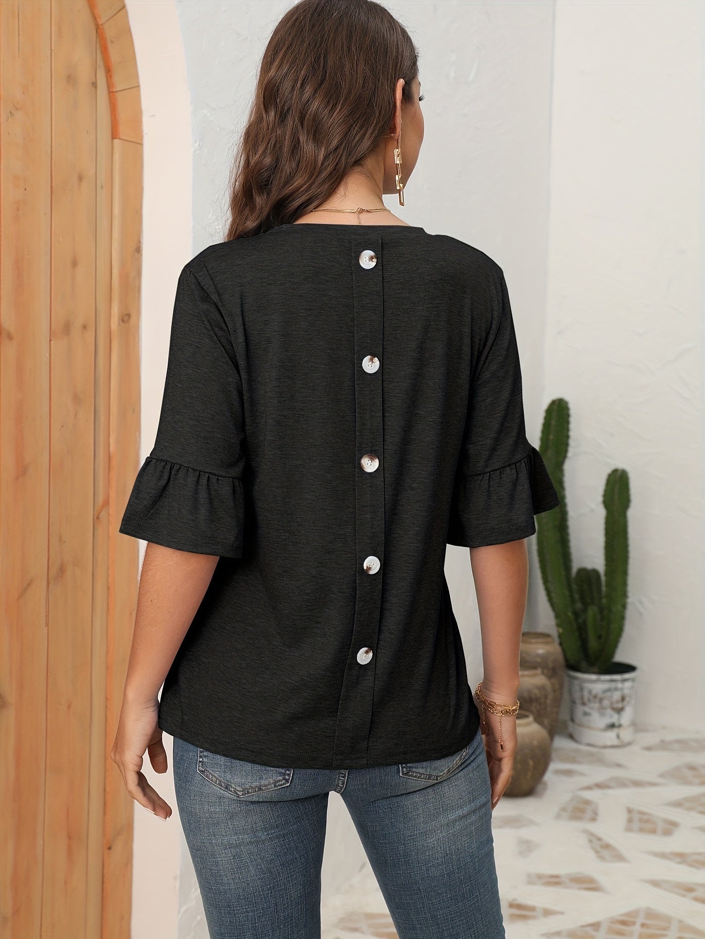 Button Back Solid T-shirt, Casual Crew Neck Half Sleeve T-shirt