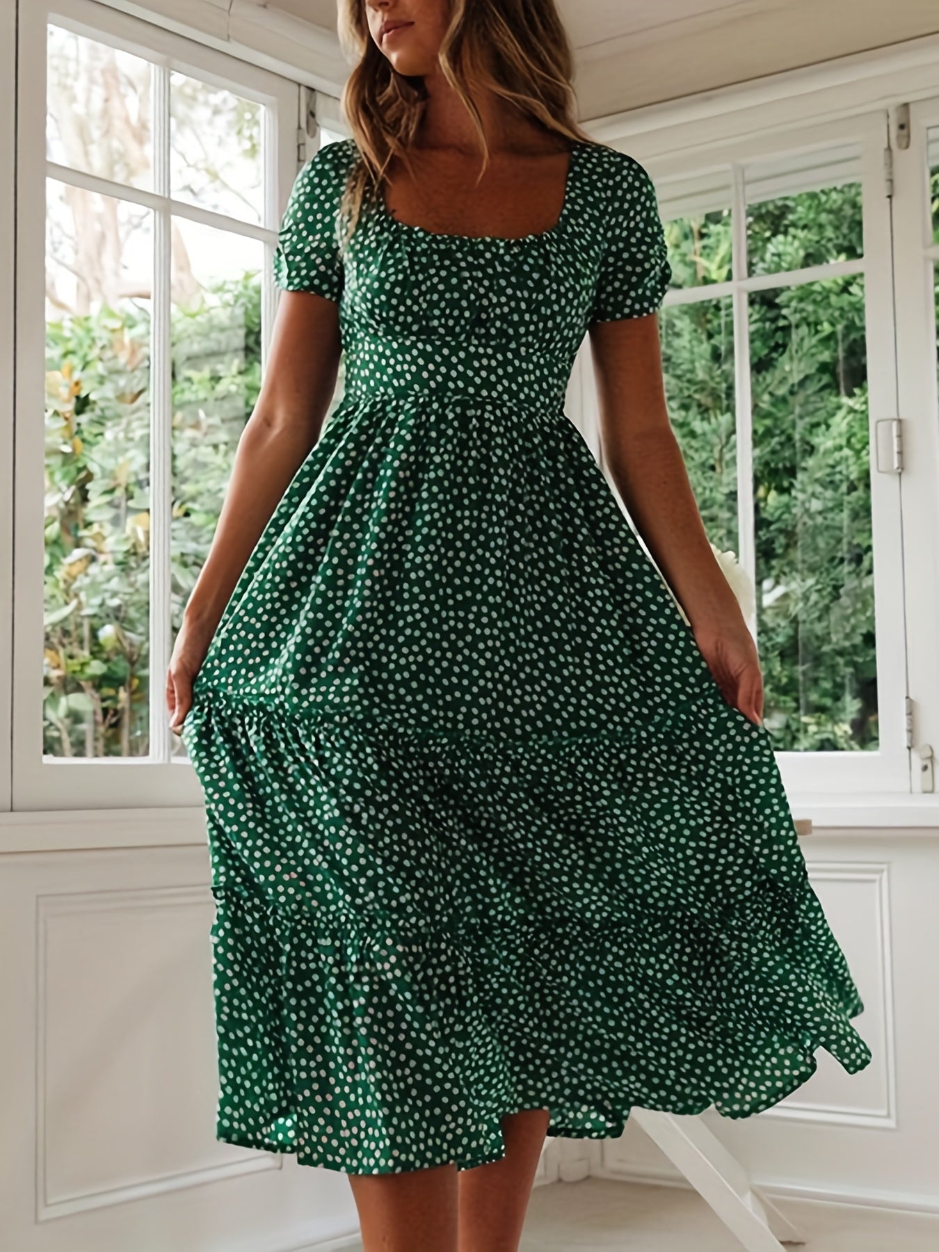 Polka Dot Ruffle Hem Dress, Casual Square Neck Short Sleeve Dress