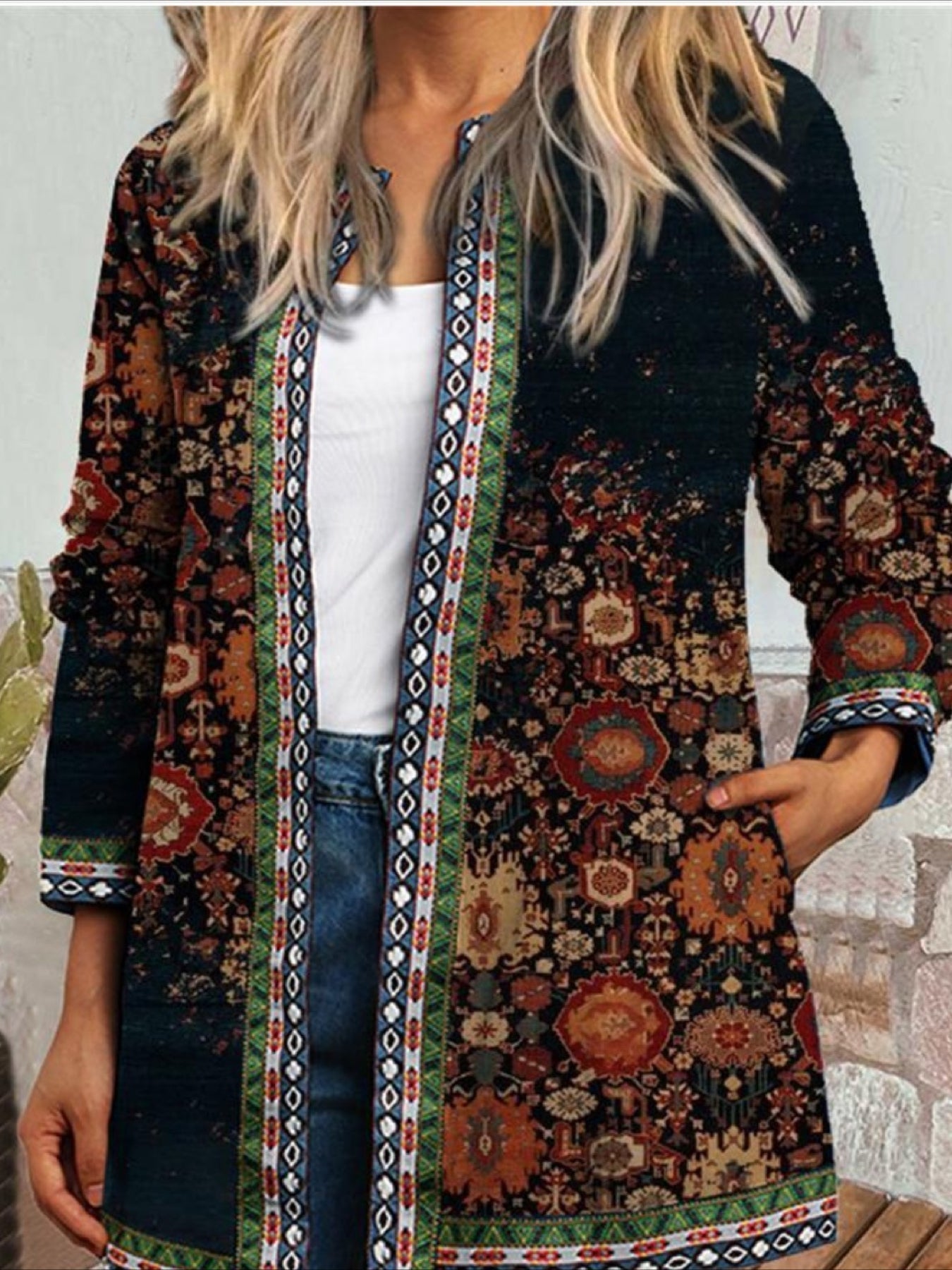 Floral Pattern Top, Elegant Open Front Long Sleeve Top