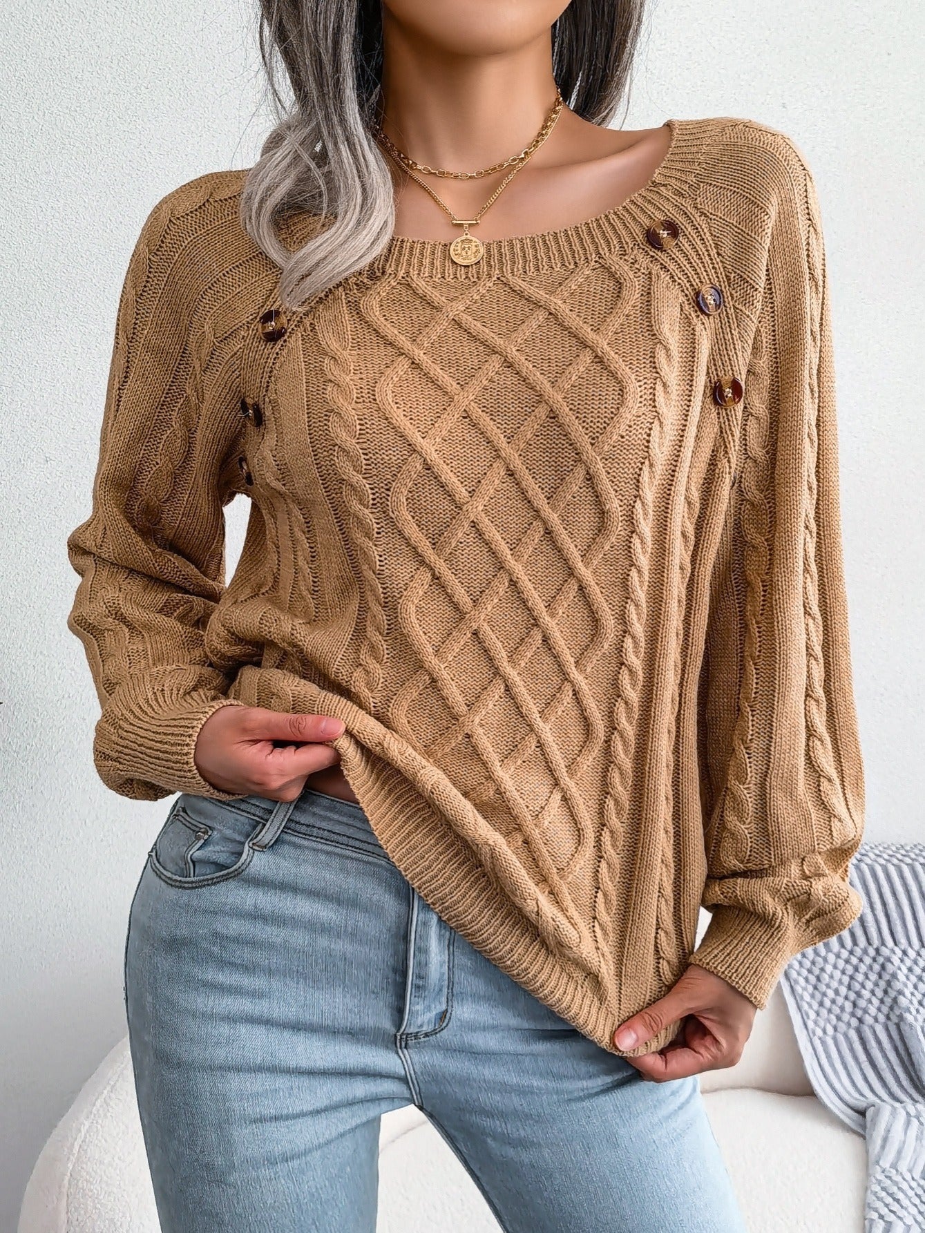 Cozy Women's Sweater with Textured Button Lantern Sleeves